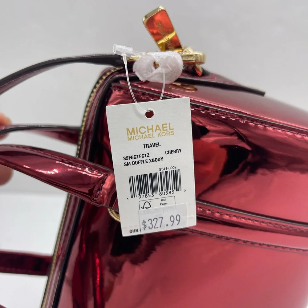 MICHAEL KORS Jet Set Sm Metallic Convertible Crossbody Duffle XBODY Cherry NWT